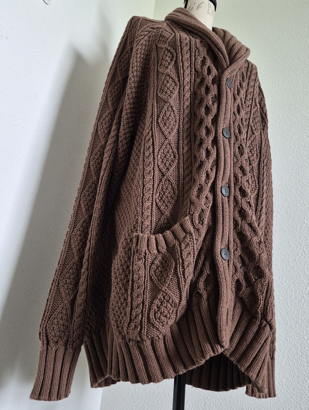 LL Bean Signature Cotton Fisherman Cable Knit Cardigan Sweater XXL Shawl Brown - Picture 7 of 14
